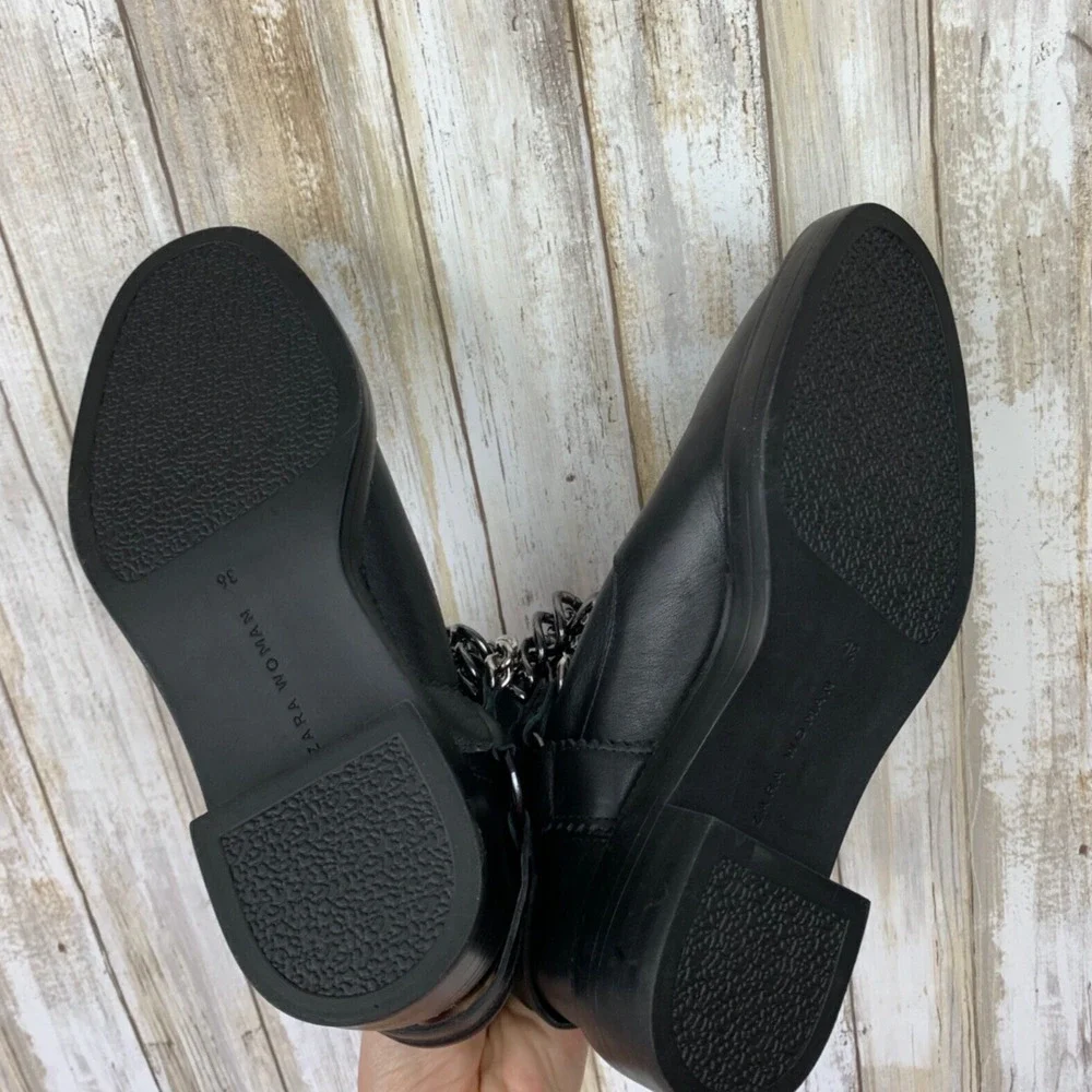 ZARA Womens Black Leather Ankle Combat Boots With Chains Size 36 6 NWT